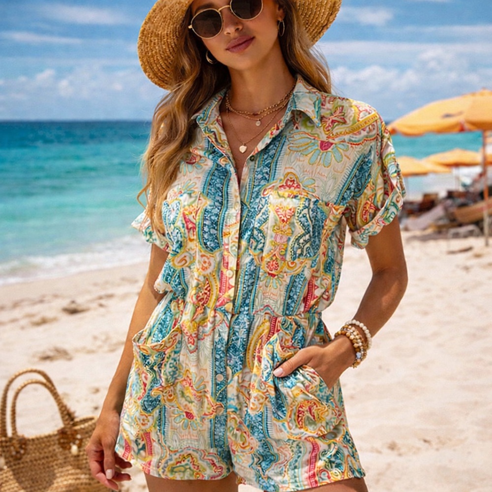 Elan Boho Paisley Collared Romper Ibiza Blue Festival Vacation Outfit M NWT